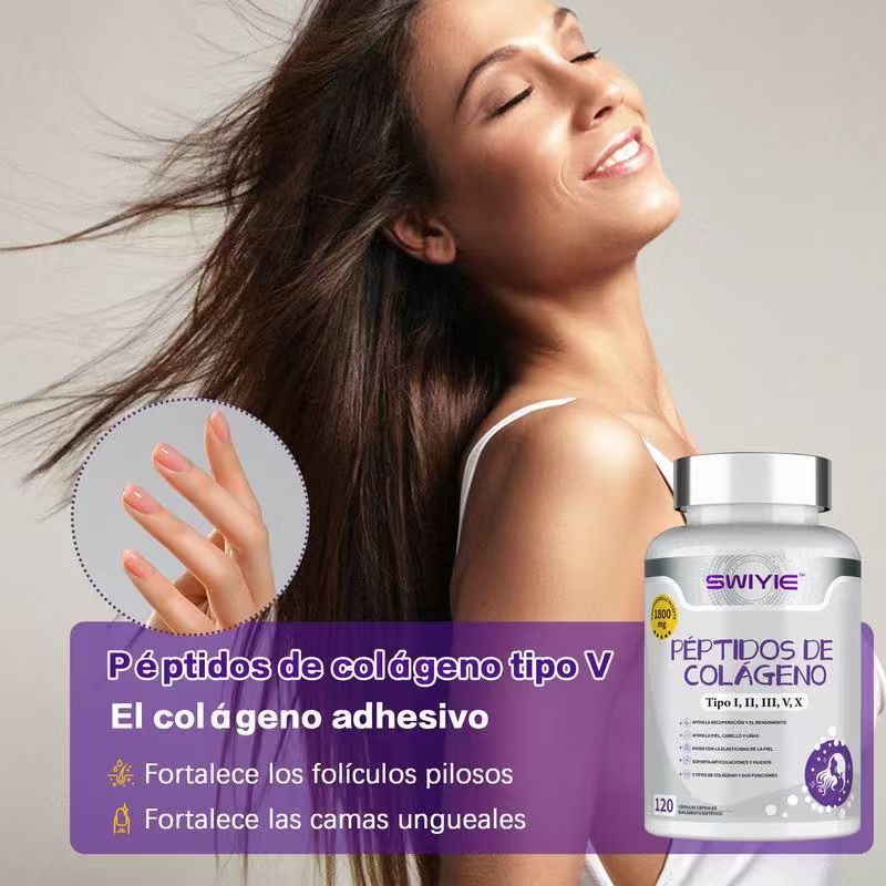 SWIYIE Multi-Collagen Complex: Hydrolyzed Peptides Type I, II, III, V, X. Support for Skin, Hair, Nails, and Joints. Flavorless, Gluten-Free. 120 Capsules