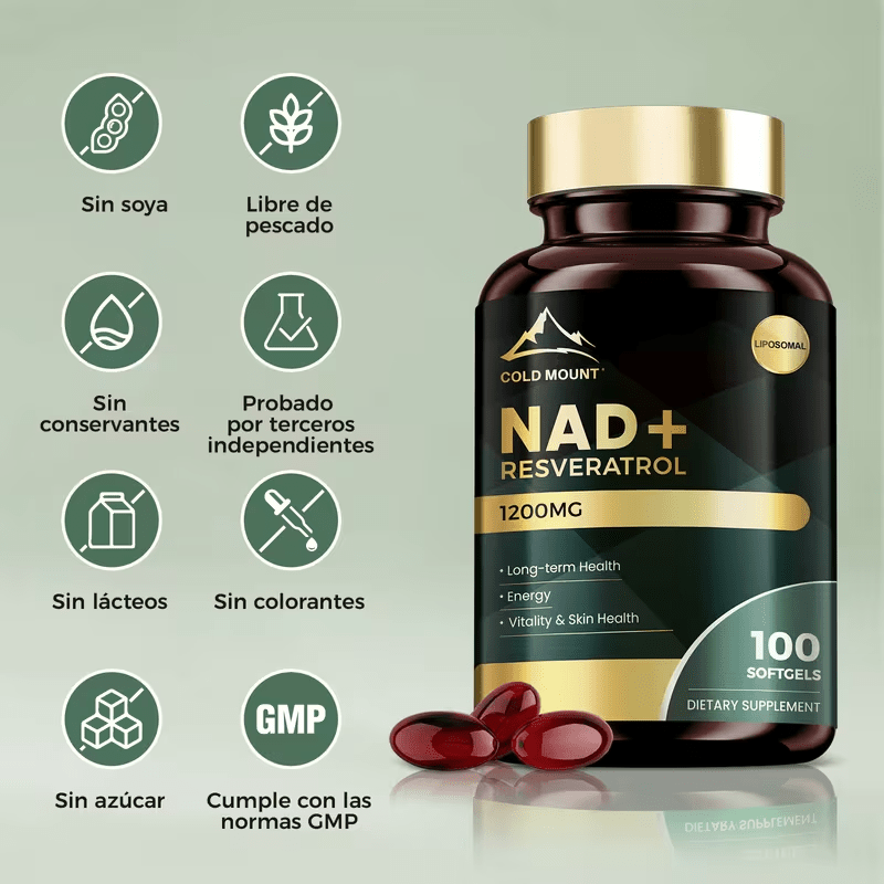 NAD+ Resveratrol | 100 Cápsulas Blandas - Antienvejecimiento, Energía y Concentración - Apoyo con Fórmula Liposomal | En zonas con más de 35 °C, pedir con precaución, puede derretirse