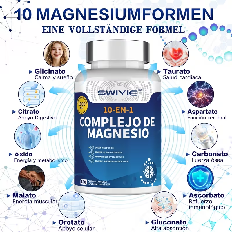 Swiyie - Complejo de Magnesio 10 Suplementos Elementales - 1000 mg Te Permite Volver a la Juventud Glicina, Taurina, Citrato, Aspartato, Óxido, Carbonatos, Malato, Ácido Ascórbico, Uridina, Gluconato,