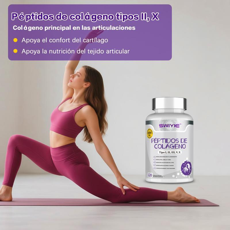 SWIYIE Multi-Collagen Complex: Hydrolyzed Peptides Type I, II, III, V, X. Support for Skin, Hair, Nails, and Joints. Flavorless, Gluten-Free. 120 Capsules