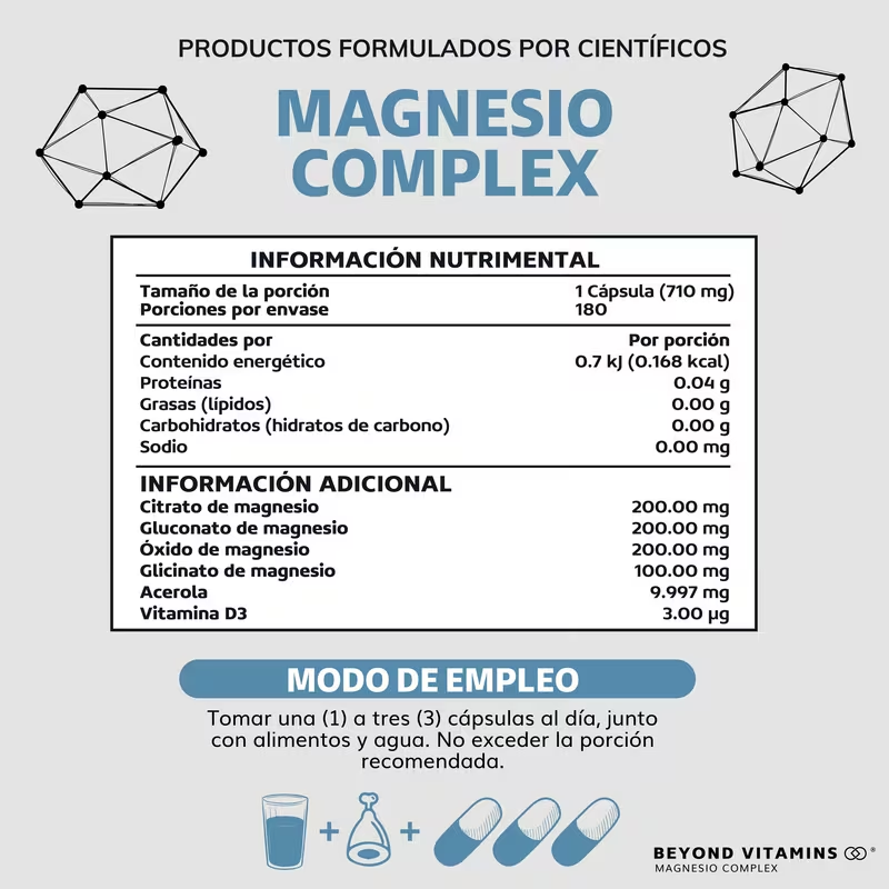 Magnesio Complex | CON 4 MAGNESIOS: Citrato, Glicinato, Gluconato y Óxido de Magnesio | 710 mg Puros por Cápsula | Suplemento Alimenticio