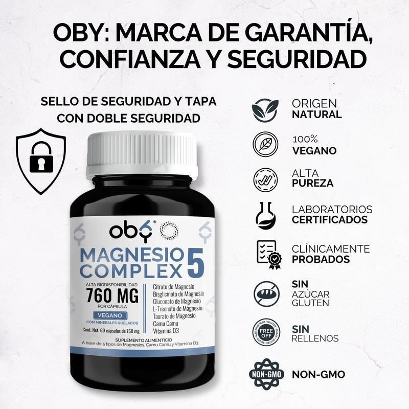 Oby 1 unidad Complejo de Magnesio | 5 Tipos Mejorados con Camu Camu, Sin Óxido de Magnesio | Máxima Pureza y Absorción | Minerales Quelados | 60 Cápsulas