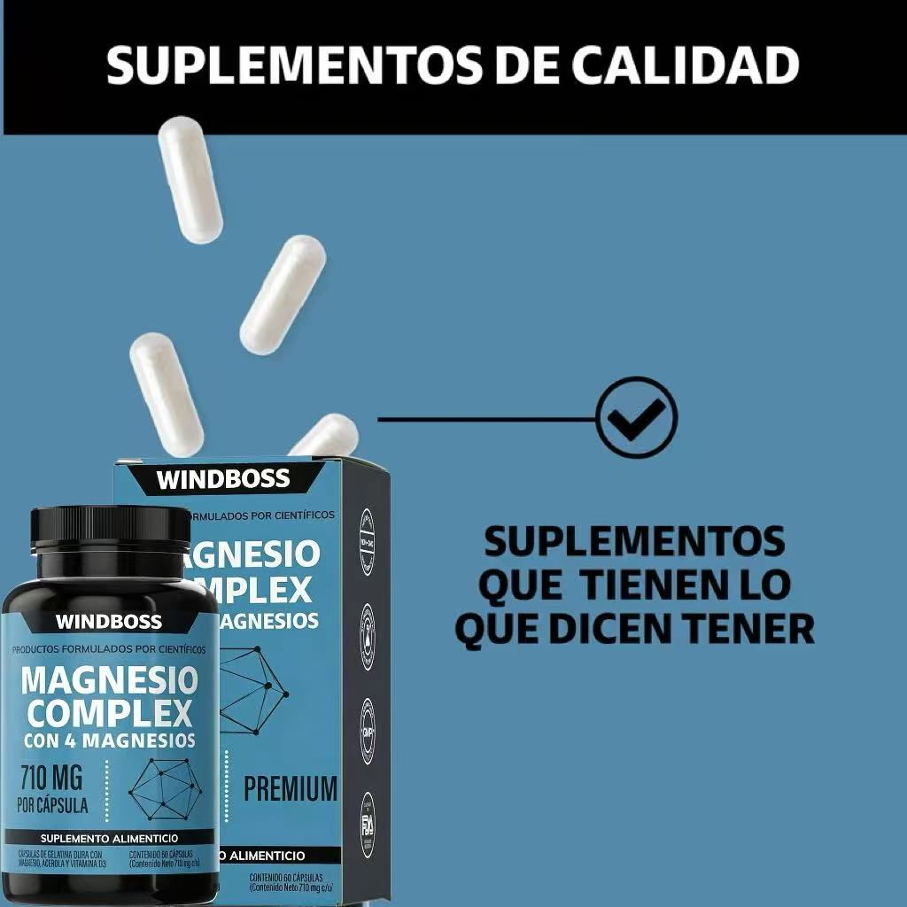 Magnesio Complex | CON 4 MAGNESIOS: Citrato, Glicinato, Gluconato y Óxido de Magnesio | 710 mg Puros por Cápsula | Suplemento Alimenticio