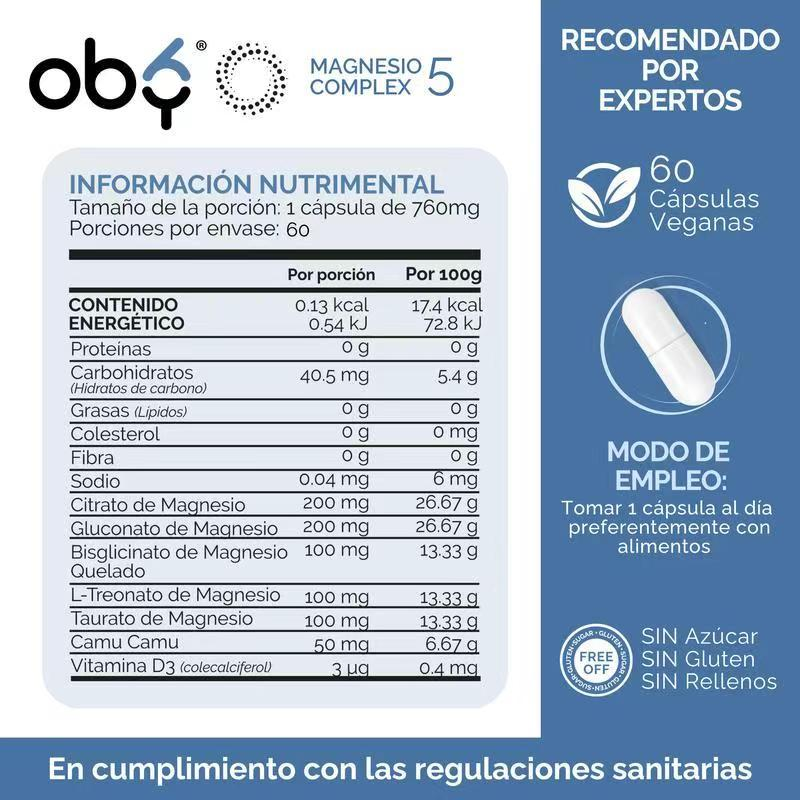 Oby 1 unidad Complejo de Magnesio | 5 Tipos Mejorados con Camu Camu, Sin Óxido de Magnesio | Máxima Pureza y Absorción | Minerales Quelados | 60 Cápsulas