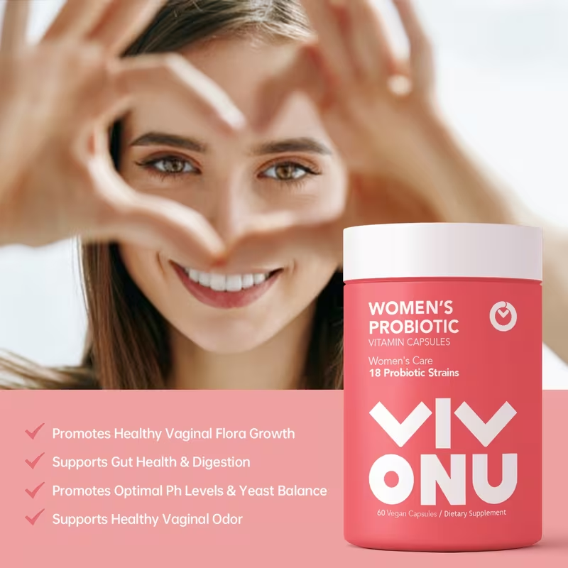 1ud Probióticos para mujeres VIVONU, cuidado diario, recién mejorados: ámate más. Múltiples cepas probióticas regulan las actividades diarias normales y promueven la salud digestiva. 60 cápsulas veganas.