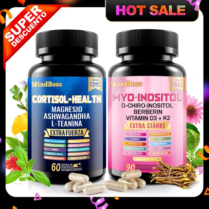 【Set of 1】Windboss Cortisol + Inositol - 2-in-1 Supplement for All-Day Energy, Stress & Mental Wellbeing | Formula for Women & Men | 90+60 Capsules