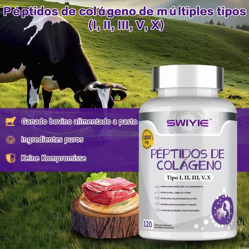 SWIYIE Multi-Collagen Complex: Hydrolyzed Peptides Type I, II, III, V, X. Support for Skin, Hair, Nails, and Joints. Flavorless, Gluten-Free. 120 Capsules