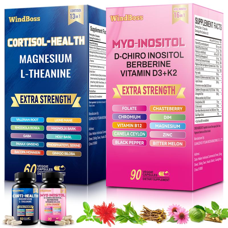 【Set of 1】Windboss Cortisol + Inositol - 2-in-1 Supplement for All-Day Energy, Stress & Mental Wellbeing | Formula for Women & Men | 90+60 Capsules