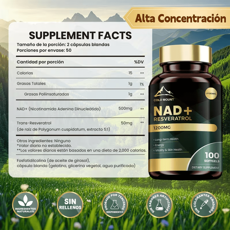NAD+ Resveratrol | 100 Cápsulas Blandas - Antienvejecimiento, Energía y Concentración - Apoyo con Fórmula Liposomal | En zonas con más de 35 °C, pedir con precaución, puede derretirse